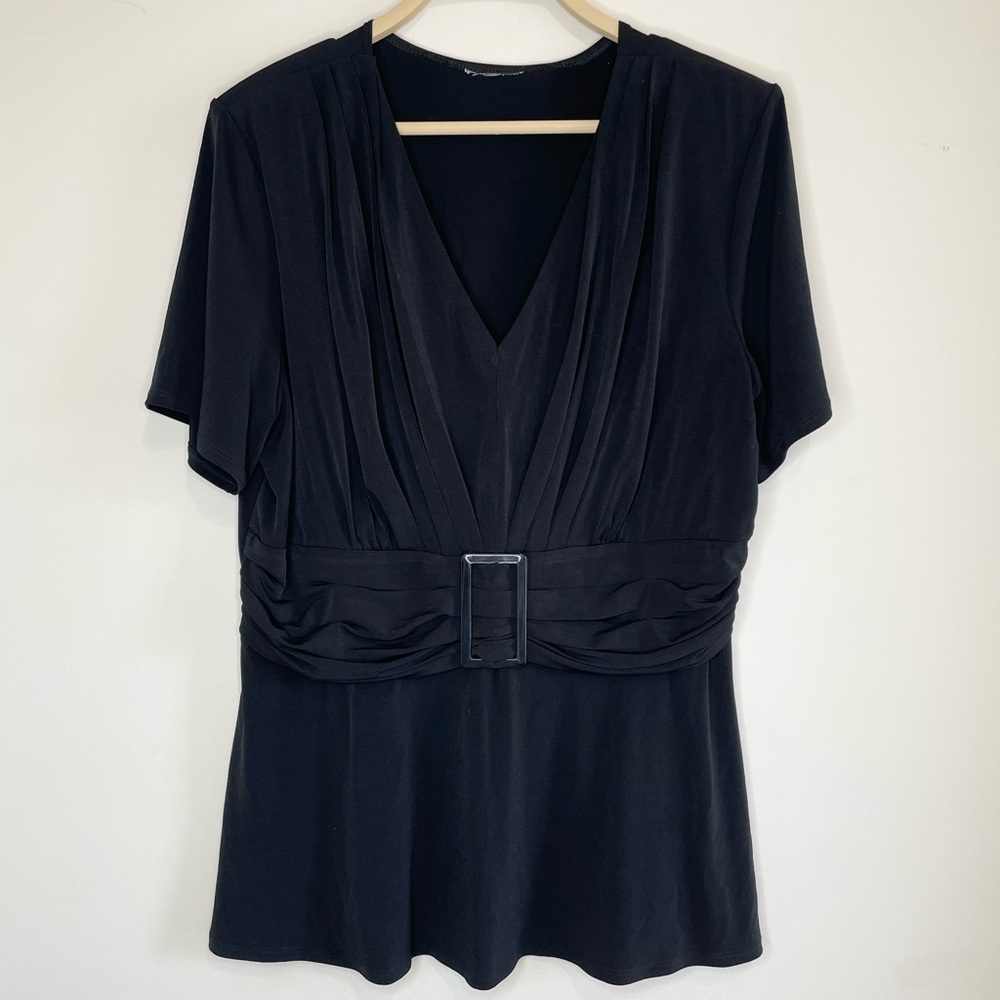 VTG Unbranded Womens Black V-Neck Belted Top short sleeve witchy plus size 16W